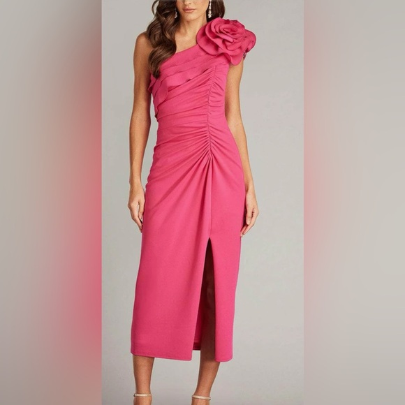 Tadashi Shoji BOS24101MD - Pike Draped Rosette Shoulder Sheath Dress NWT
